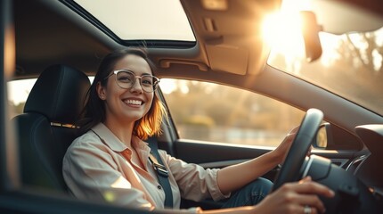 Joyful Drive: Smiling Woman in Car on Sunny Day
