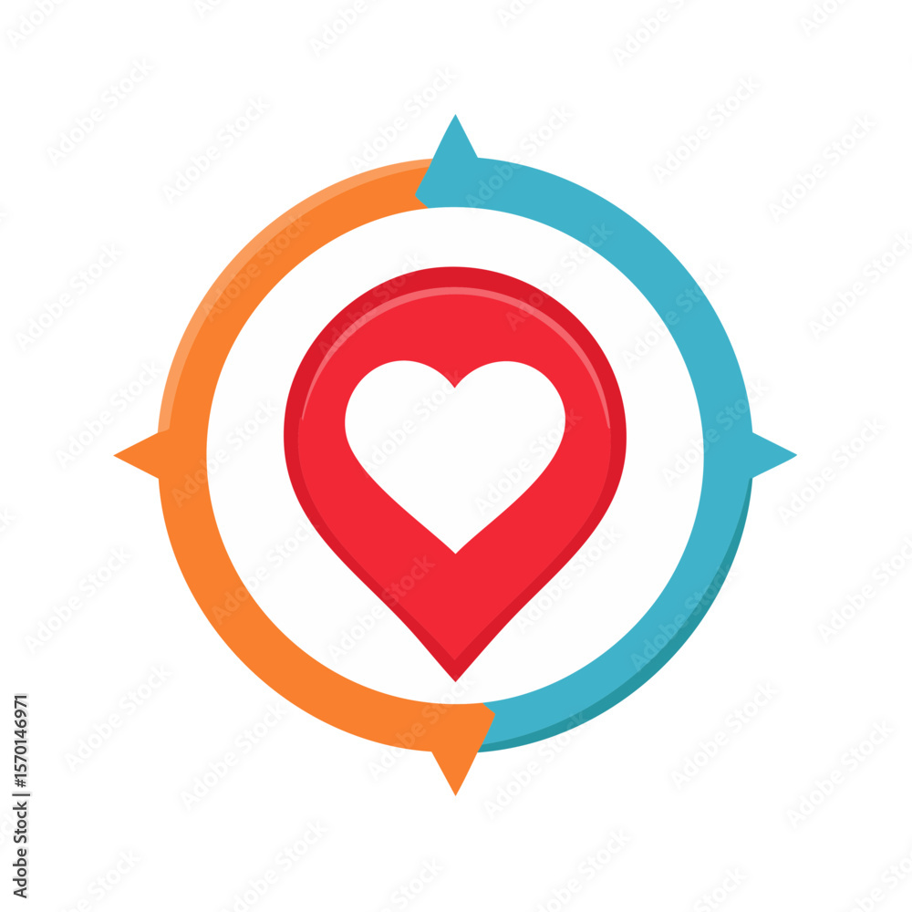 Poster heart location pointer icon inside circular arrow design with orange and blue colors