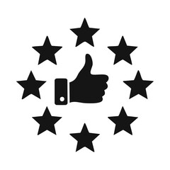 Obraz premium Customer Feedback with Thumbs Up and Star Ratings, Black and White Satisfaction Concept