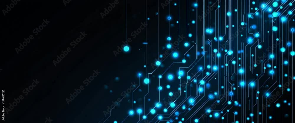 Poster abstract blue circuit board background vector illustration with glowing elements on a dark black bac