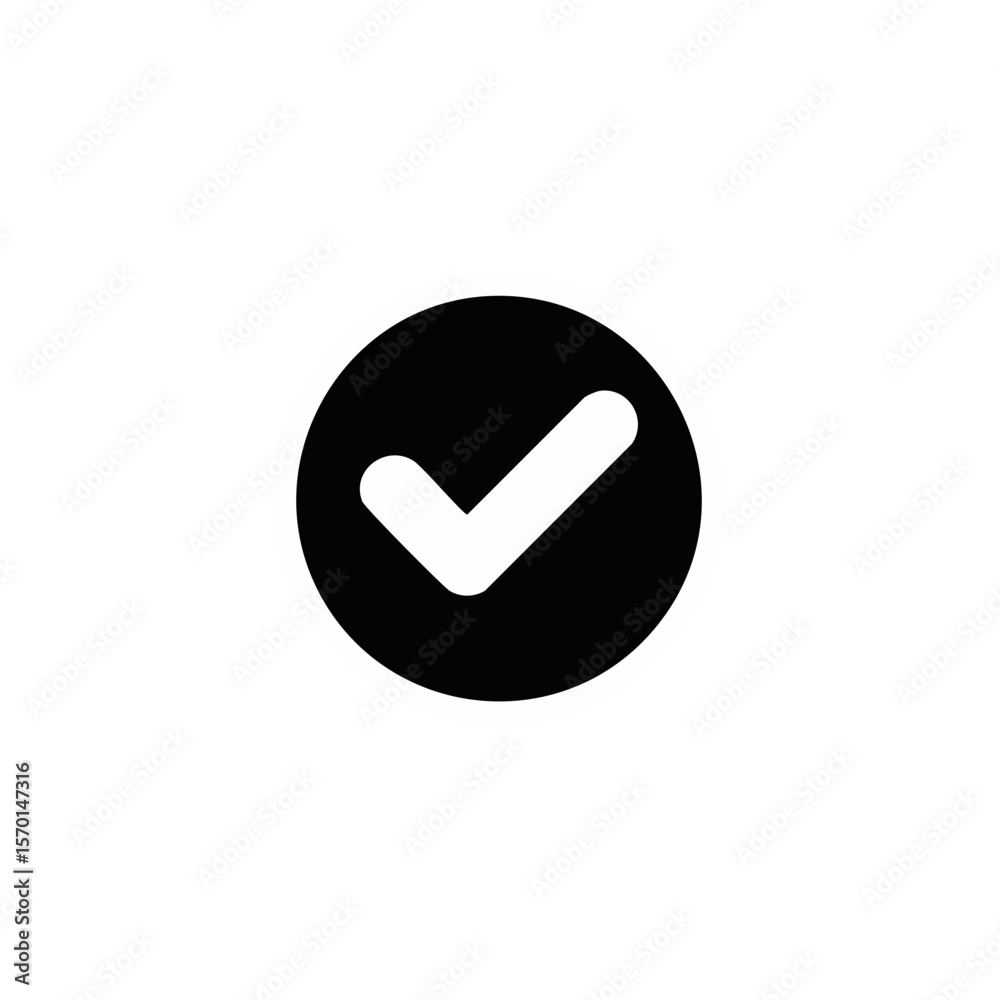 Poster simple white check mark inside circular shape against a solid black background for signage and symbo