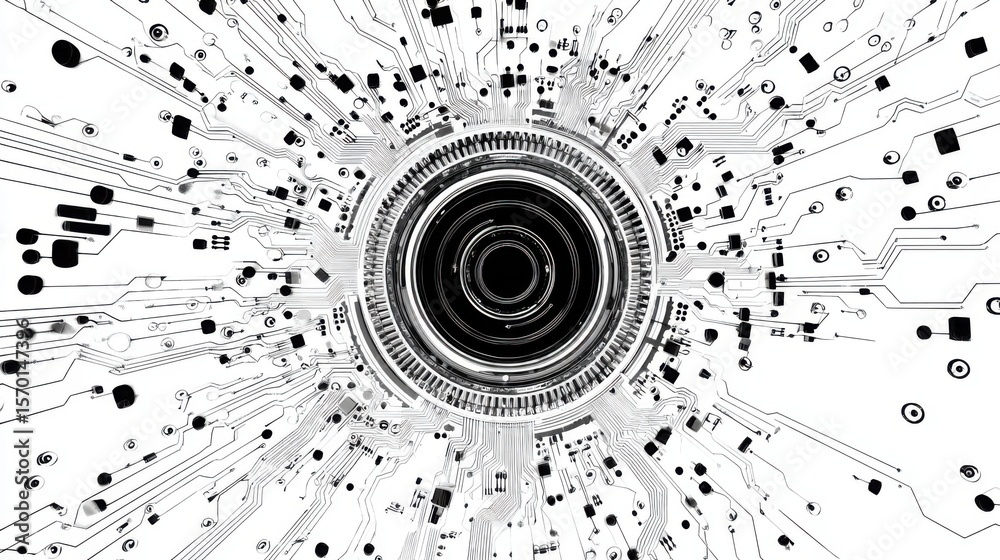 Poster a striking abstract design featuring a central circular element surrounded by intricate circuit patt