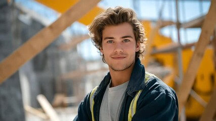 Young worker aligning a beam at a construction site with scaffolding
