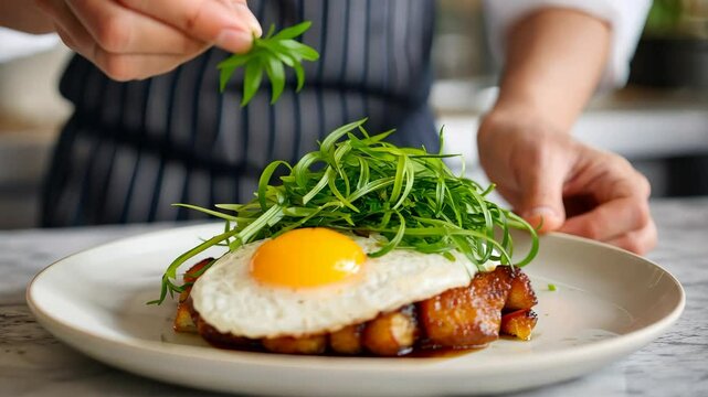 Chef artfully garnishing gourmet brunch with fresh greens and sunnyside egg