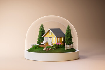 3D render of a cozy miniature house and garden inside a glass dome, featuring trees, flowers, and a white fence, representing comfort, nature, and idyllic living.