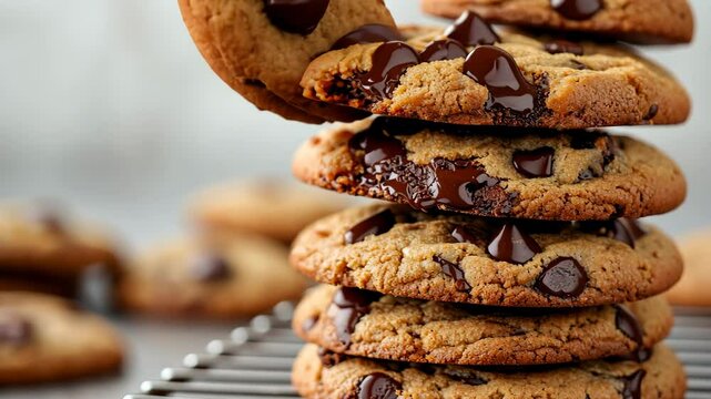 Freshly baked chocolate chip cookies stacked crisply on cooling rack in rustic kitchen