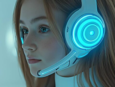4K video of a female call center agent on a head set talking to a cilent in a modern call center