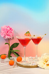 Minimal summer party concept, advertising banner for bar, cafe. Modern still life with pink...