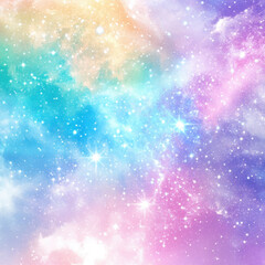 Gradient rainbow glitter universe background. Fantasy galaxy with sparkling stars and magical clouds. Abstract space sky texture.