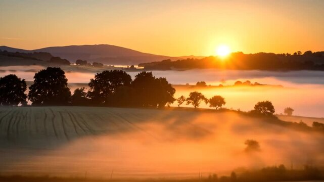 Sunrise over a misty valley with rolling hills and fields