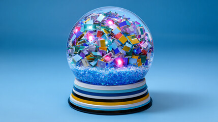 Colorful Abstract Cube Inside Snow Globe on Blue Background