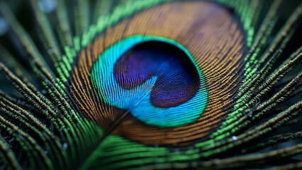 Naklejka premium A vibrant peacock feather displays iridescent blues, greens, and browns in a striking close-up, revealing intricate details and the beauty of nature's artistry with delicate plumes and texture.