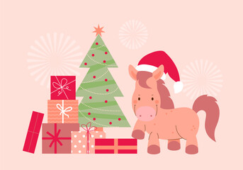 Cute cartoon horse with Red Santa hat and gift boxes. Asian zodiac sign, symbol. 2026 Chinese New Year card, banner, poster, horoscope element
