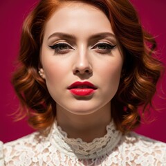 Fototapeta premium Young caucasian female with red hair and vintage style against pink background