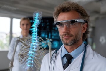 A medical professional wearing augmented reality glasses engages with a visualized human skeleton in a modern healthcare setting