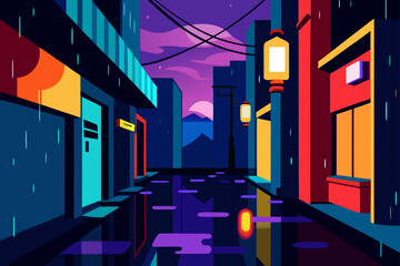Vibrant Night Street Scene in a Rainy Tokyo Alley