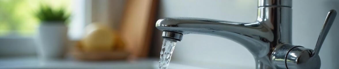 Gleaming Chrome Kitchen Faucet Modern Design Detail, Water Droplet Close-up. Perfect for home improvement, interior design, and appliance websites.