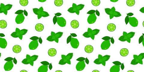 Simple seamless pattern with flat limes and mint leaves. Fresh natural background.