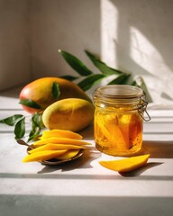 Tropical delight: sliced mangoes and fresh juice in sunlit setting