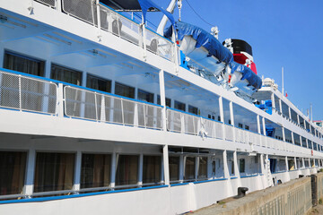 View of the deck of a riverboat on a clear sunny day. Travel landscape sights of Russia.