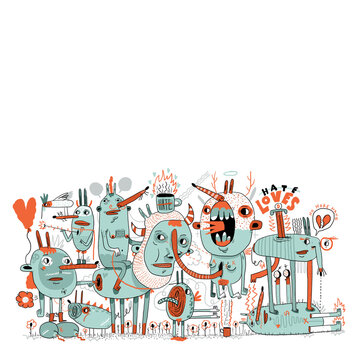 Cartoon Monsters Gathering Illustration
