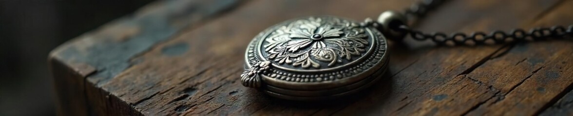 Tarnished Silver Locket Antique Charm on Aged Wood, Whispering Forgotten Stories