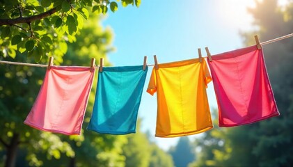 Summer Sunshine Laundry Freshly Washed Linens Gently Swaying on a Clothesline in a Cheerful Backyard Scene