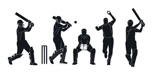 Cricket Player Silhouette, Cricket Player Silhouette Collection, Cricket Player Silhouette Set. Vector illustration.