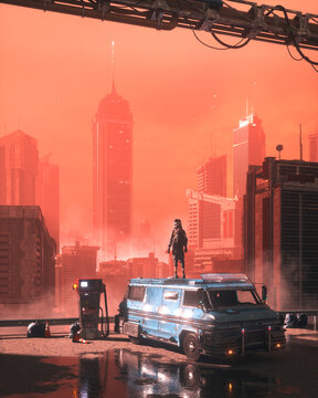 Cyberpunk Van Cityscape Sunset