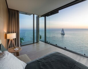 Fototapeta premium modern minimalist bedroom overlooking inspiring ocean view with sailboat