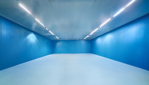 empty light blue room with spotlights and white floor perfect for showcasing products or creating a serene atmosphere