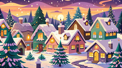 Winter Village in Snow with Warm Lights cartoon Cozy Holiday Theme Vector