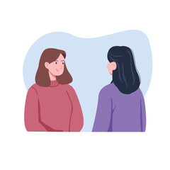 Two Women Talking in Casual Style on Light Blue Backdrop Cartoon Illustration
