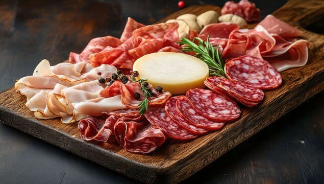 Wooden board with assorted cured meats and cheese on dark table. Appetizer platter