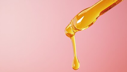 Droplet of golden serum falling from pipette on pink backdrop.  Possible use skincare