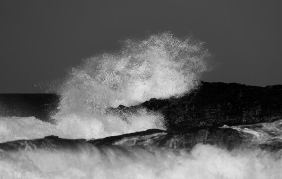 Monochrome photo of sea spray from a wave crashing on a rocky shore of Hawaii