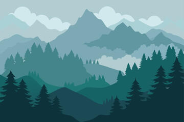 Fototapeta premium Fog Covering Pine Trees in Layered Mountain View