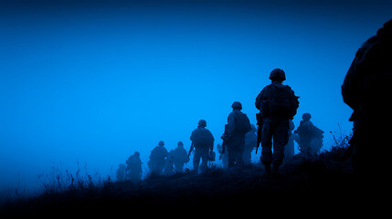Silhouettes of soldiers marching in a line on a misty hill at dusk.