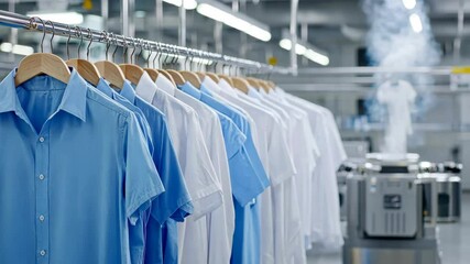 Automated laundry system with clothes on hangers moving through industrial facility