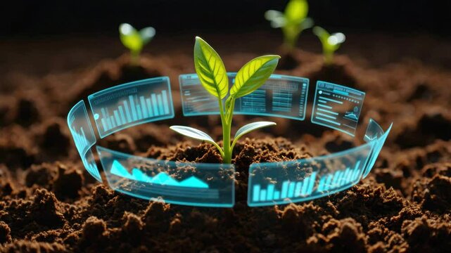Smart agriculture with plant monitoring, futuristic farming technology, digital analytics in soil environment, precision agri-data interface