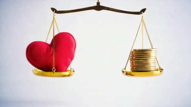Heart and money on scale, love versus wealth concept, golden balance comparison, relationship value metaphor, financial choice background, romantic decision design, emotional economy symbol