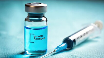Growth hormone injection vial, medical therapy concept, blue liquid syringe, anabolic treatment, healthcare background, hormone therapy, pharmaceutical design, modern medicine - Powered by Adobe