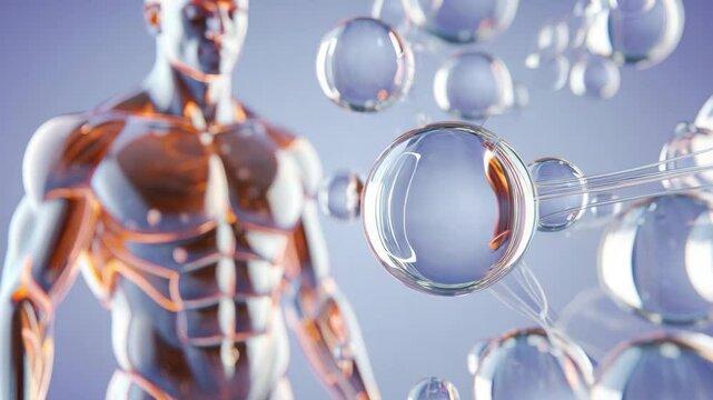 Growth hormone molecules, male muscular body, peptide structure, biotechnology research, fitness science, anabolic therapy, health innovation, molecular background, futuristic design