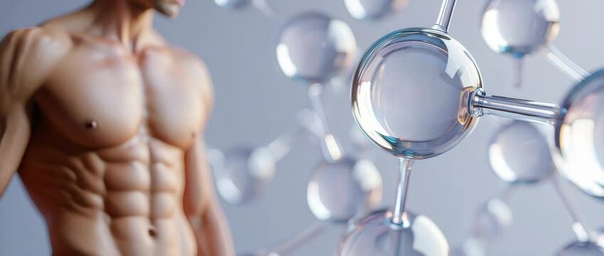 Growth hormone somatotropin, muscular male body, fitness science, anabolic hormone, bodybuilding supplement, molecular structure, sports medicine, muscle growth, health and performance