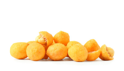 Chilli coated peanuts on white background