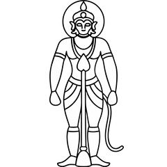 Hanuman deity graphic in line art, depicting spiritual symbolism. Hanuman rendering showcases religious traditions with cultural illustration of deity for print and web use.