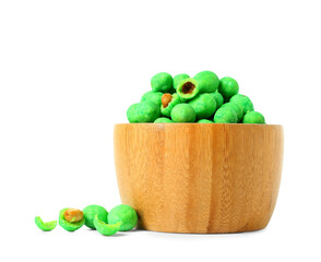 Bowl with wasabi coated crunchy peanuts on white background