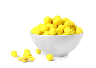 Bowl with cheese coated peanuts on white background