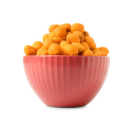 Bowl with chilli coated peanuts on white background