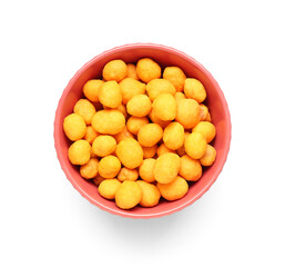 Bowl with chilli coated peanuts on white background